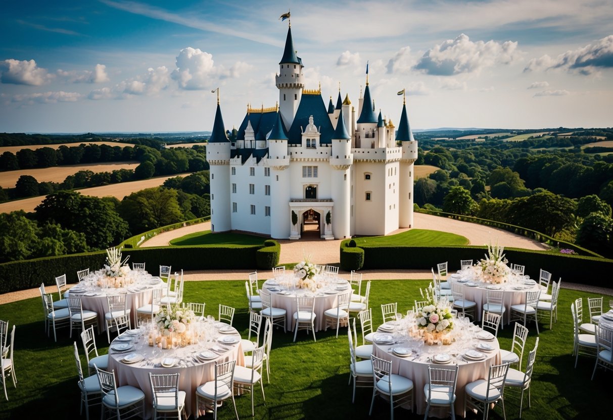 A grand castle overlooking a lush countryside, with opulent decorations and a lavish banquet set up for a wedding celebration