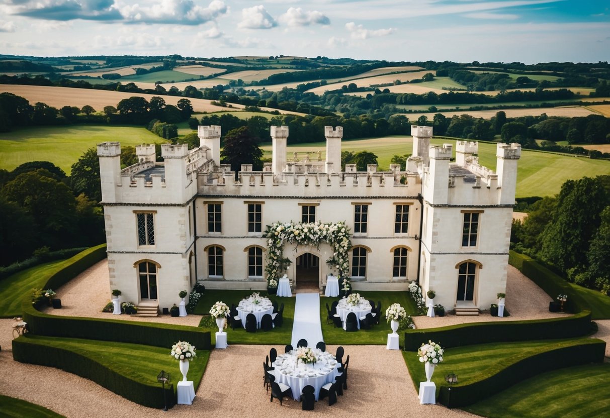 A lavish wedding reception at a grand castle in the English countryside, with opulent decorations and a picturesque view of the rolling hills