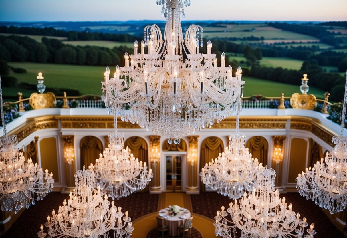 A lavish, grand ballroom adorned with crystal chandeliers and opulent decor, overlooking a picturesque countryside landscape
