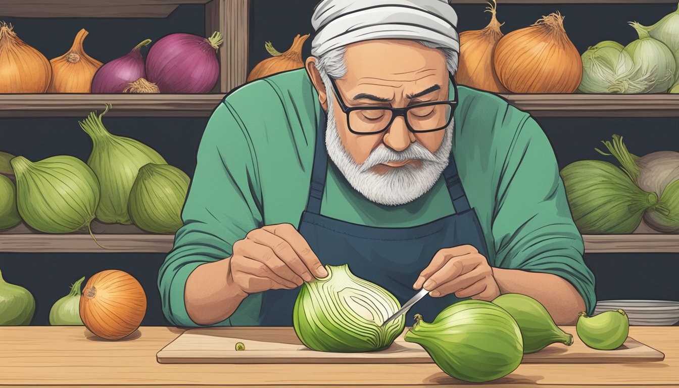 A person cutting into an unripe onion, with a hesitant expression on their face as they examine the layers inside