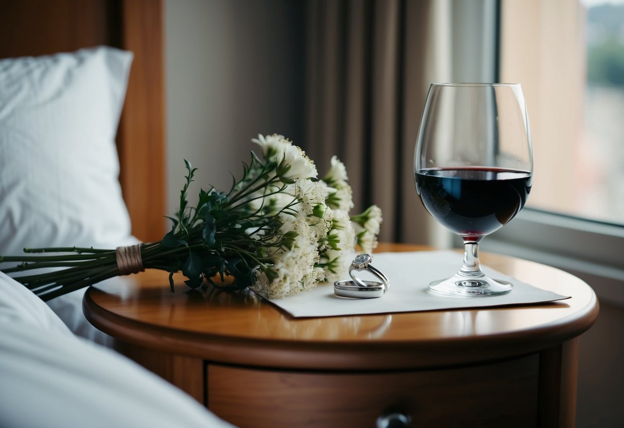 A wedding ring left on a bedside table, surrounded by a wilted bouquet of flowers and a half-empty glass of wine