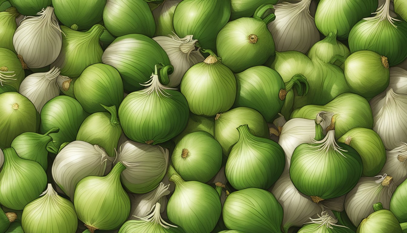 A pile of unripe onions with a caution sign next to it