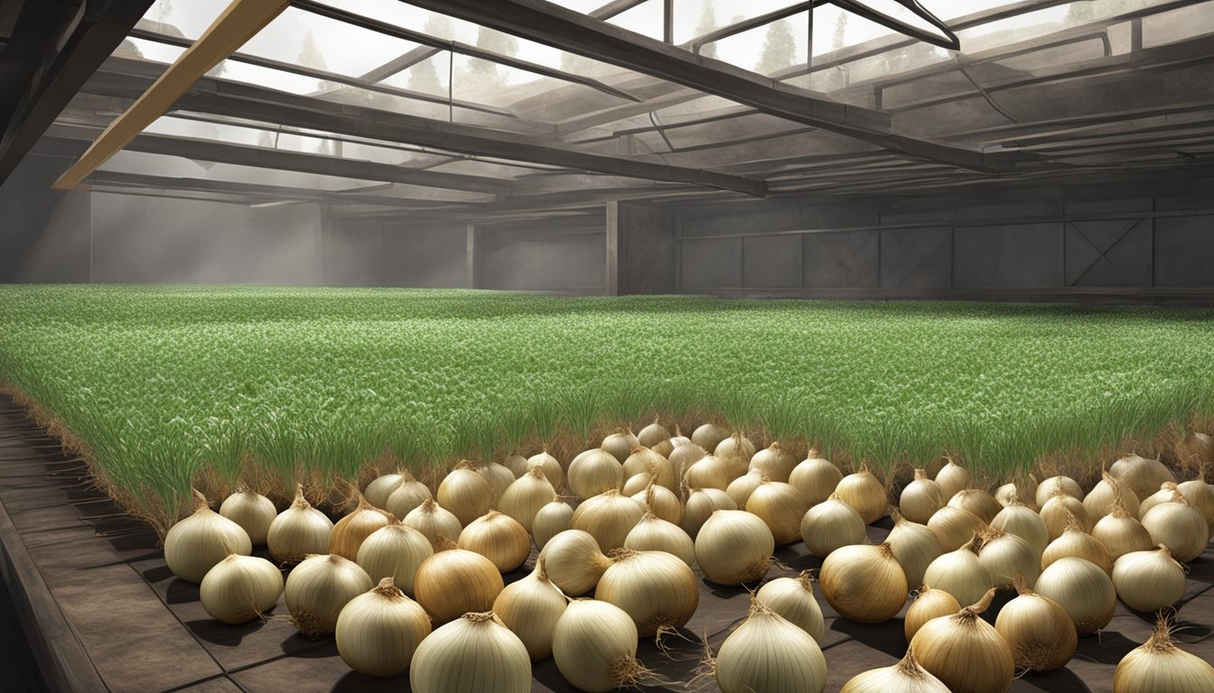 Onions stored in a cool, dry place with good air circulation