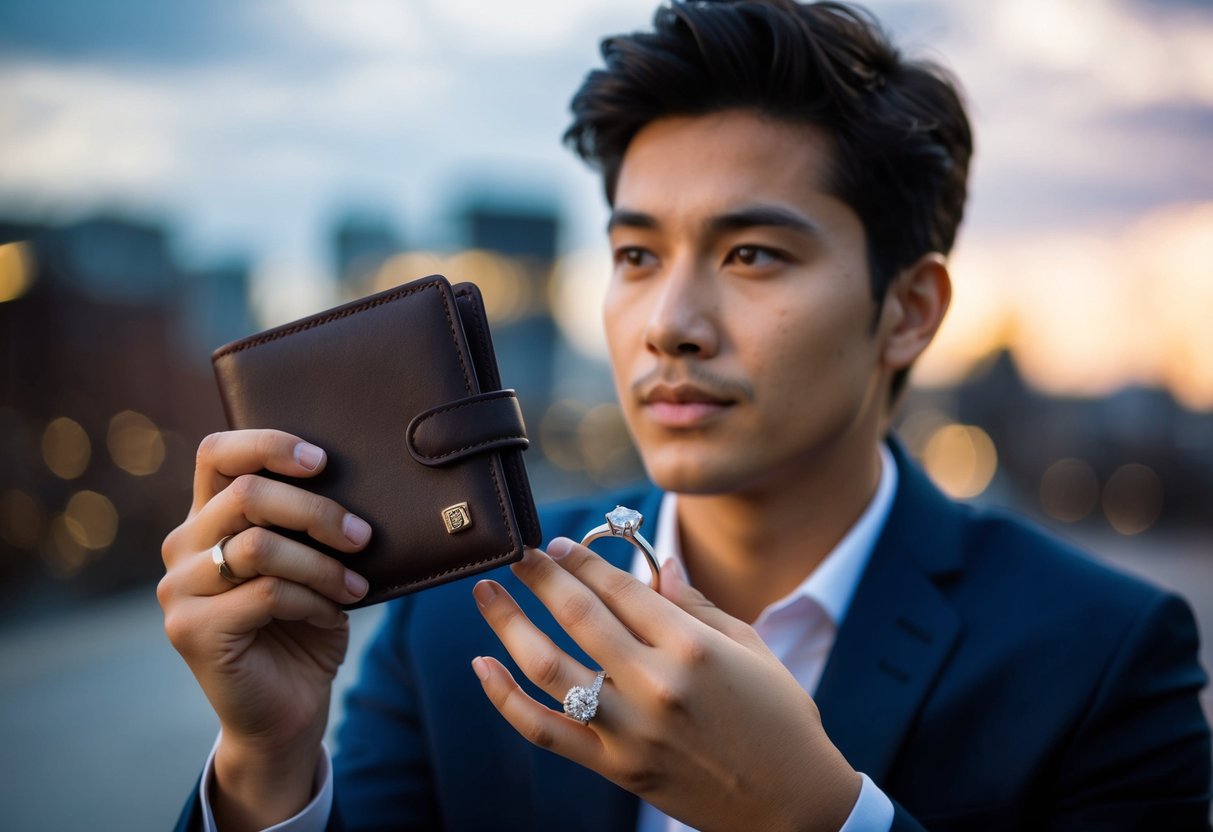 A person holding a wedding ring in one hand and a wallet in the other, looking contemplative