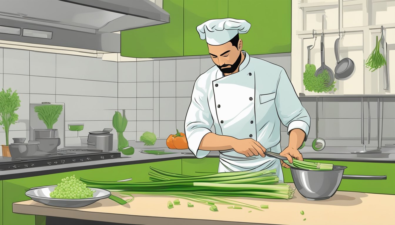 A chef slicing into a green onion, examining its unripe state. A question mark hovers above, indicating uncertainty about its safety for consumption