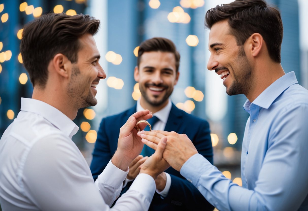 A man presenting a ring to another man, both looking happy and excited. The ring is modern and sleek, symbolizing love and commitment