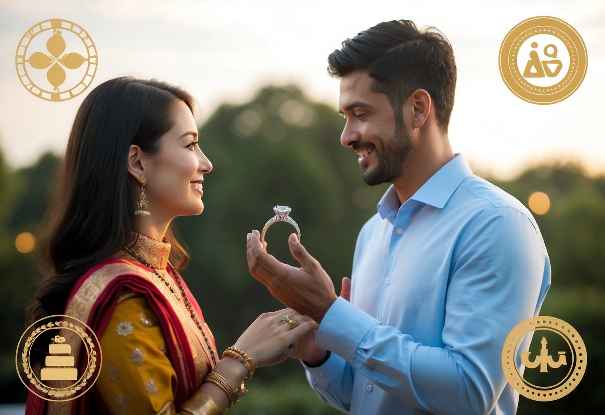 A man presenting an engagement ring to another person, with cultural symbols surrounding them