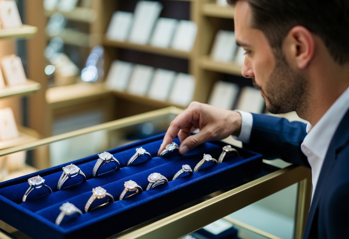 A man examining a variety of engagement rings displayed on a velvet-lined tray in a jewelry store