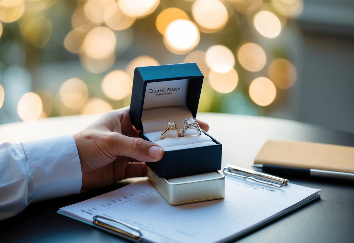 A hand holding an engagement ring box with a man's and woman's wedding bands inside, placed on a table with a pen and paper for planning