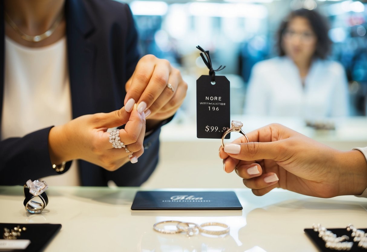 A person holding a wedding ring while looking at a price tag in a jewelry store