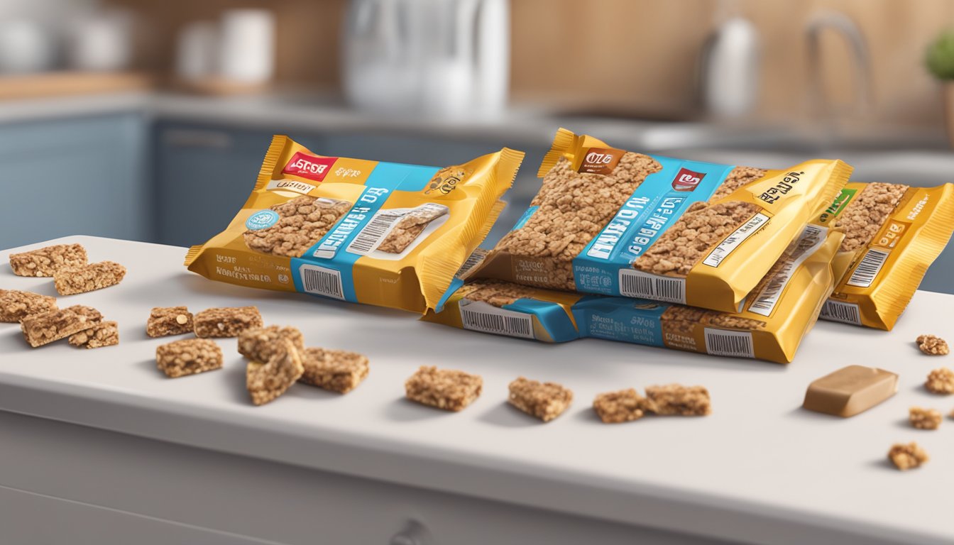 A stack of granola bars with various expiration dates, some open and half-eaten, others still sealed in their packaging, sitting on a kitchen counter