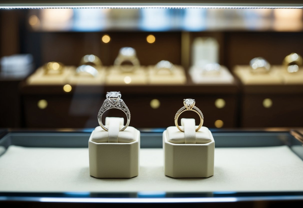 A jeweler's display with two rings side by side, one larger and more ornate for a wedding ring, the other smaller and simpler for an engagement ring
