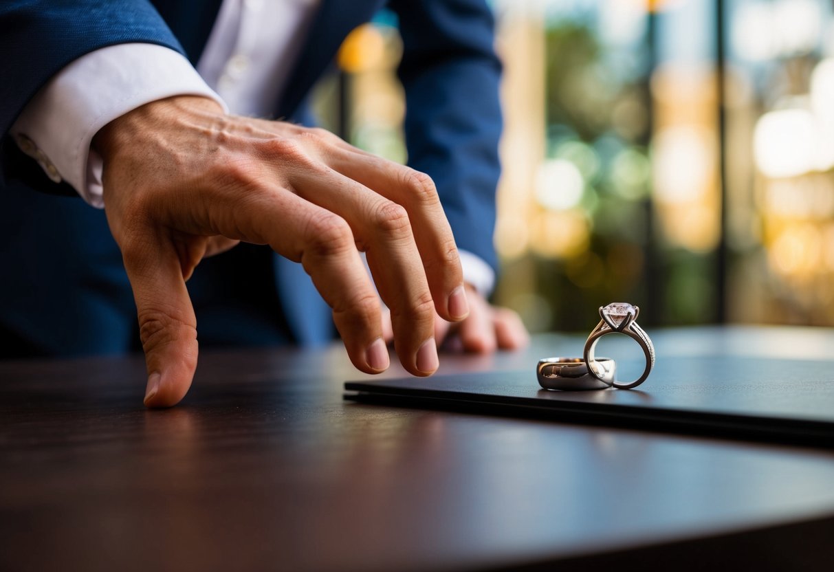 A man's hand reaching for a wedding ring on a table