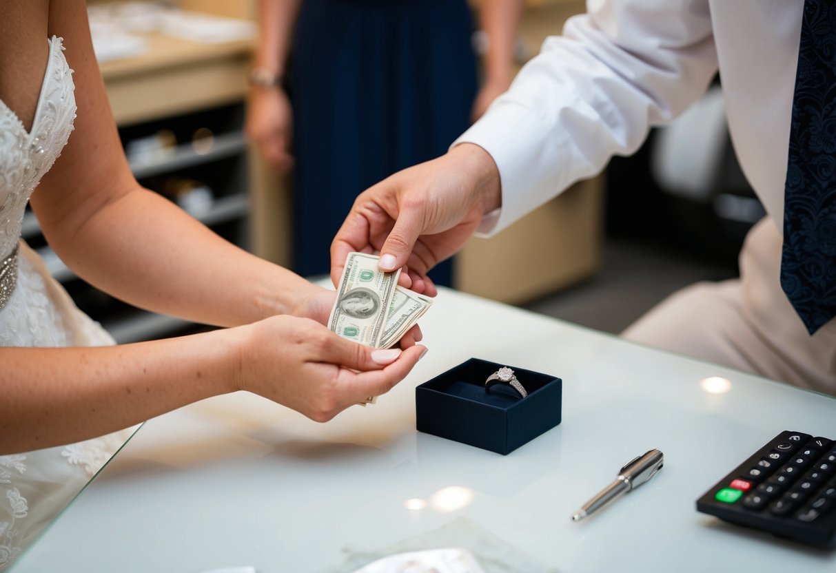 A bride hands over money to a jeweler in exchange for a wedding ring