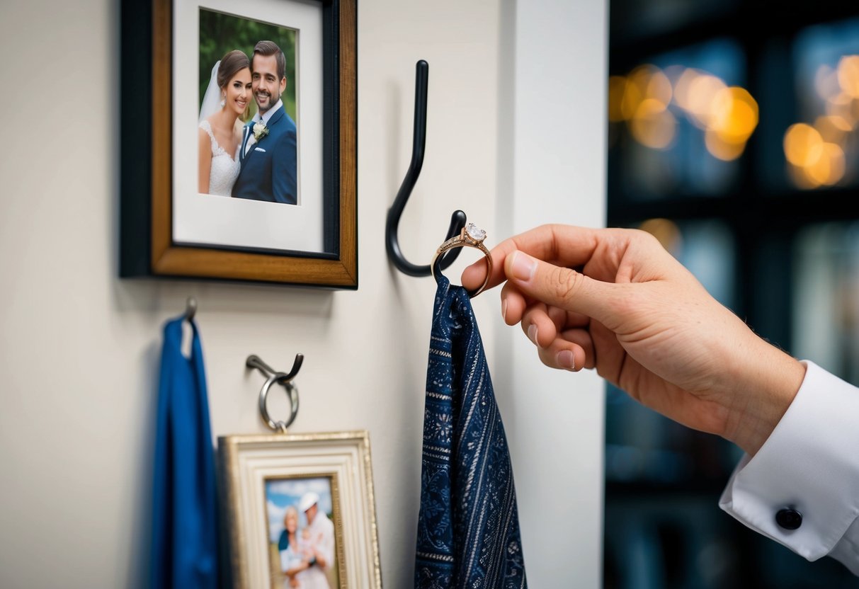 A man's hand placing a wedding ring on a hook next to other symbolic items of commitment, such as a framed photo or a family heirloom