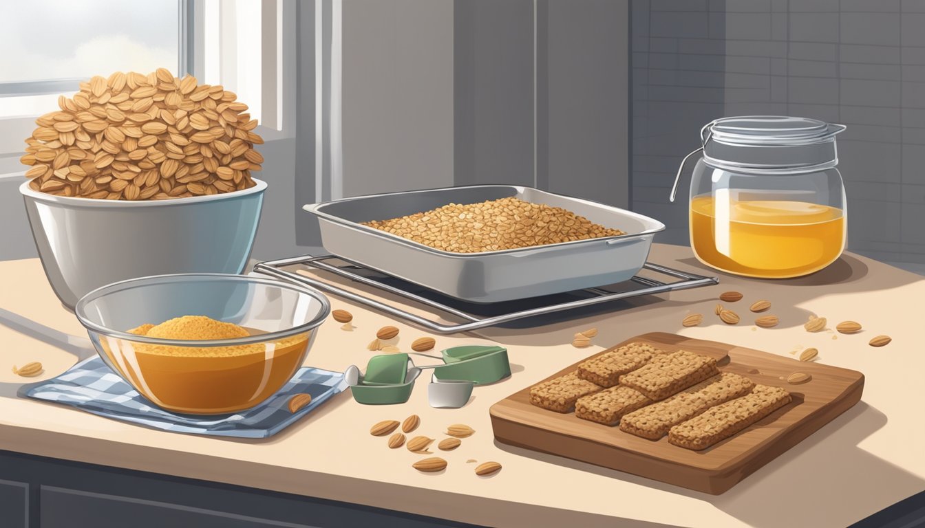 A kitchen counter with various ingredients (oats, nuts, honey) laid out, a mixing bowl, and a baking tray with freshly baked granola bars cooling on a wire rack