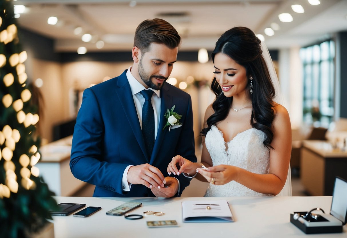 A bride and groom discuss finances while shopping for wedding rings together