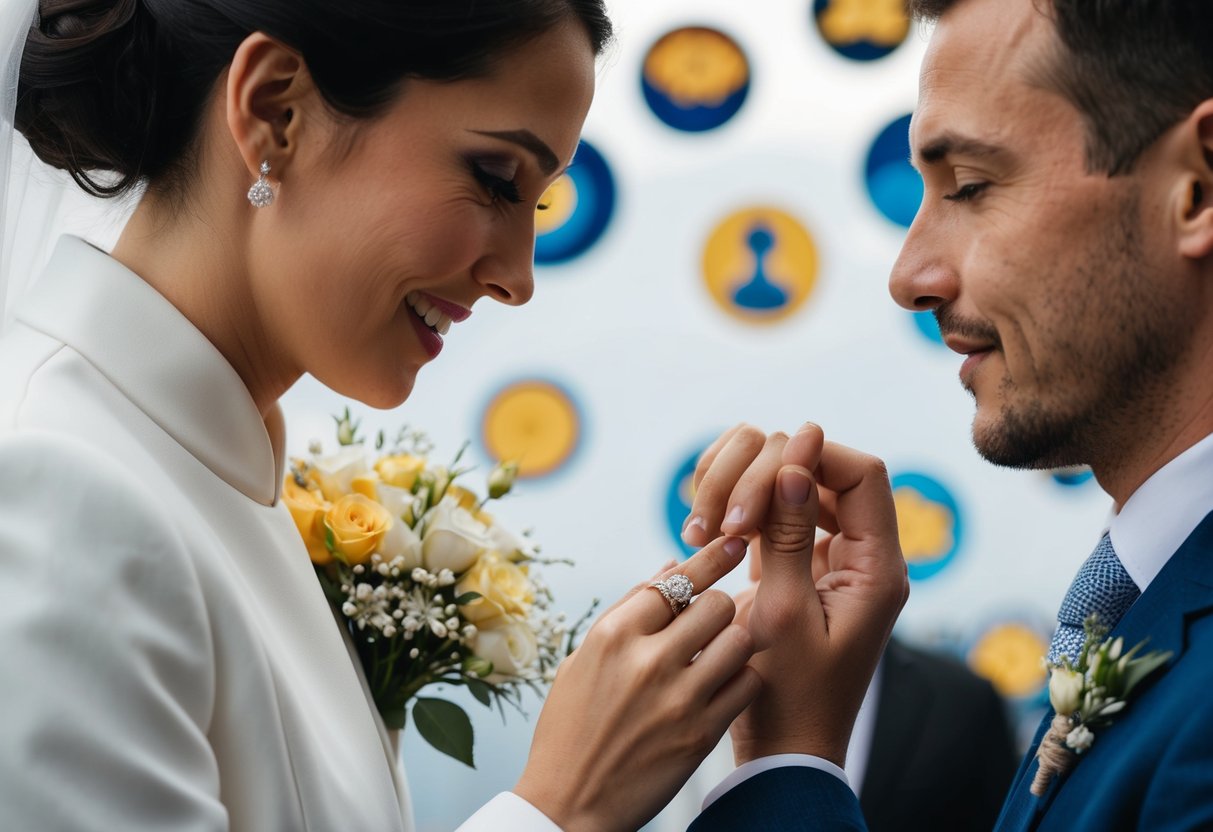 A bride placing a ring on her groom's finger, surrounded by symbols of cultural and modern influences