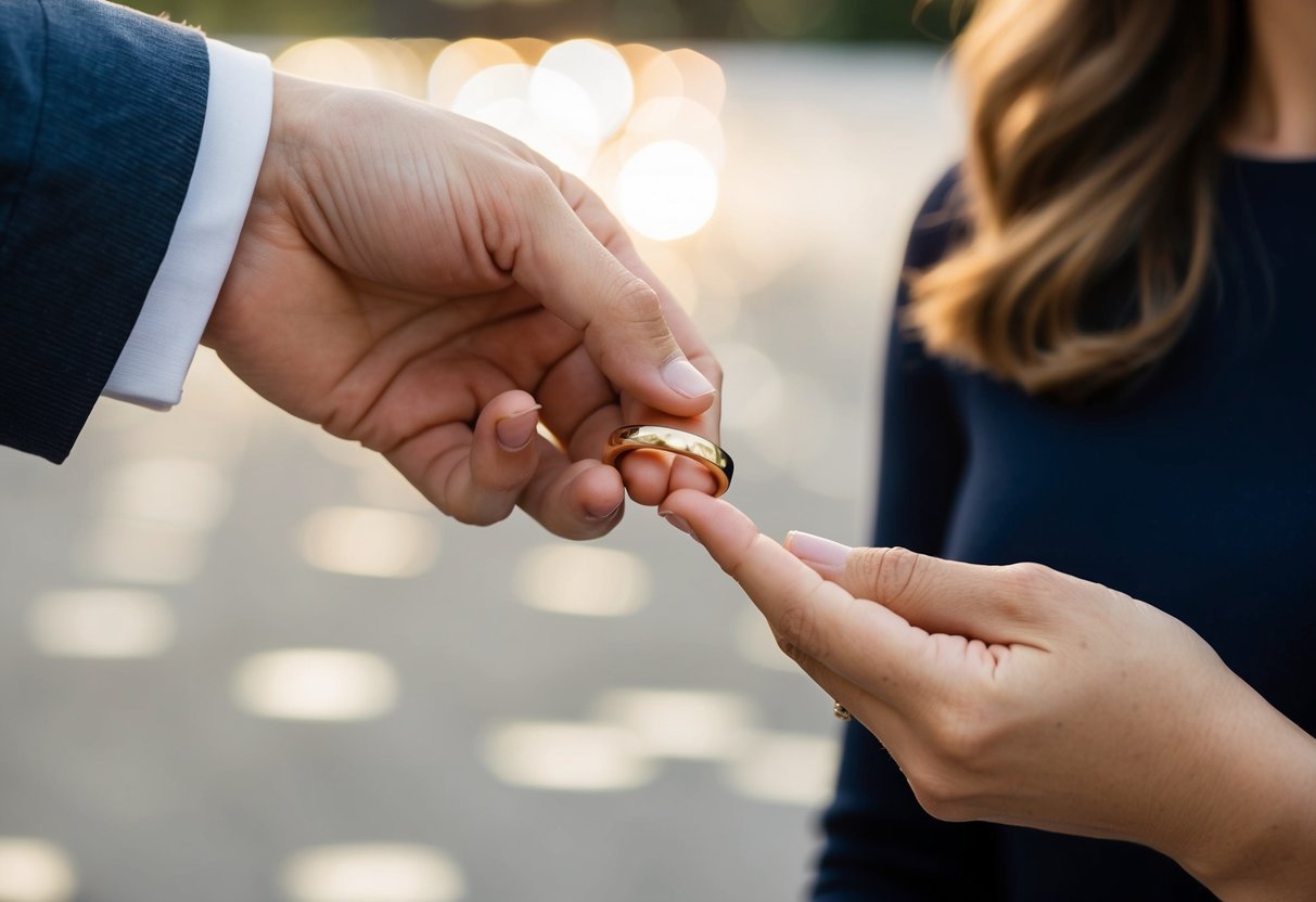 A man's hand reaches out to gently slide a simple gold band onto a woman's finger, symbolizing their commitment