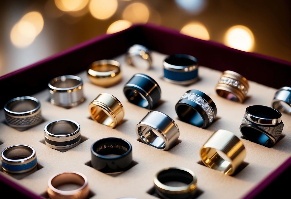 A display of men's wedding rings in various styles and materials, arranged on a velvet-lined tray under soft lighting