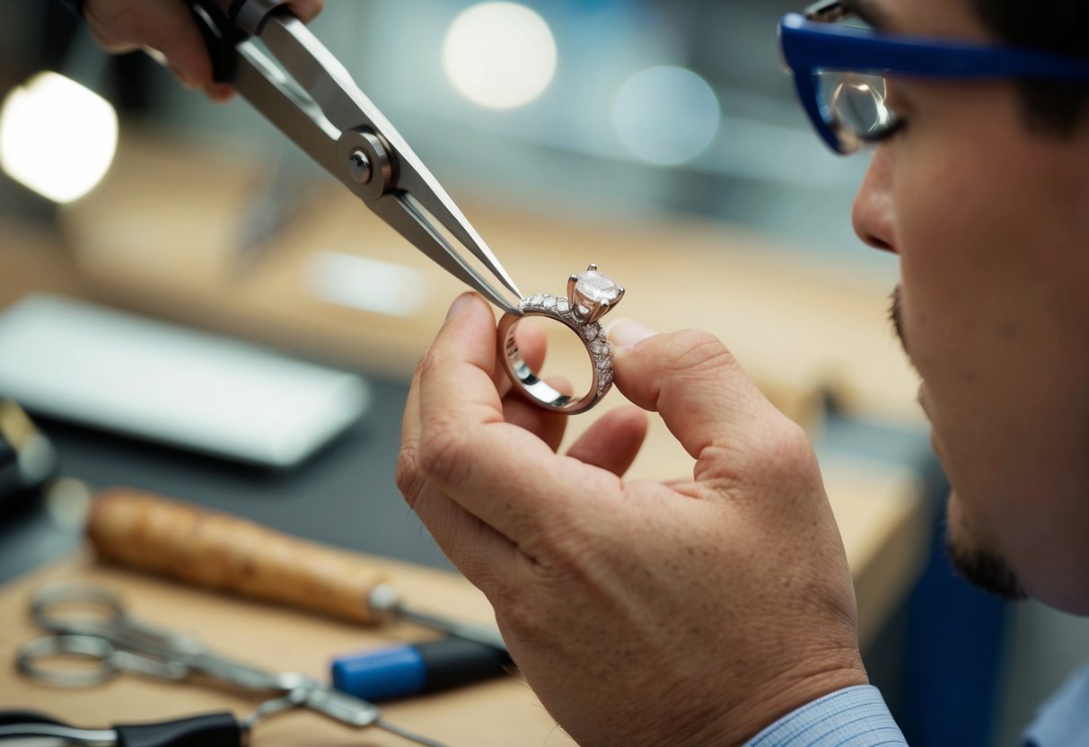 A jeweler carefully cuts a wedding ring off a finger using specialized tools