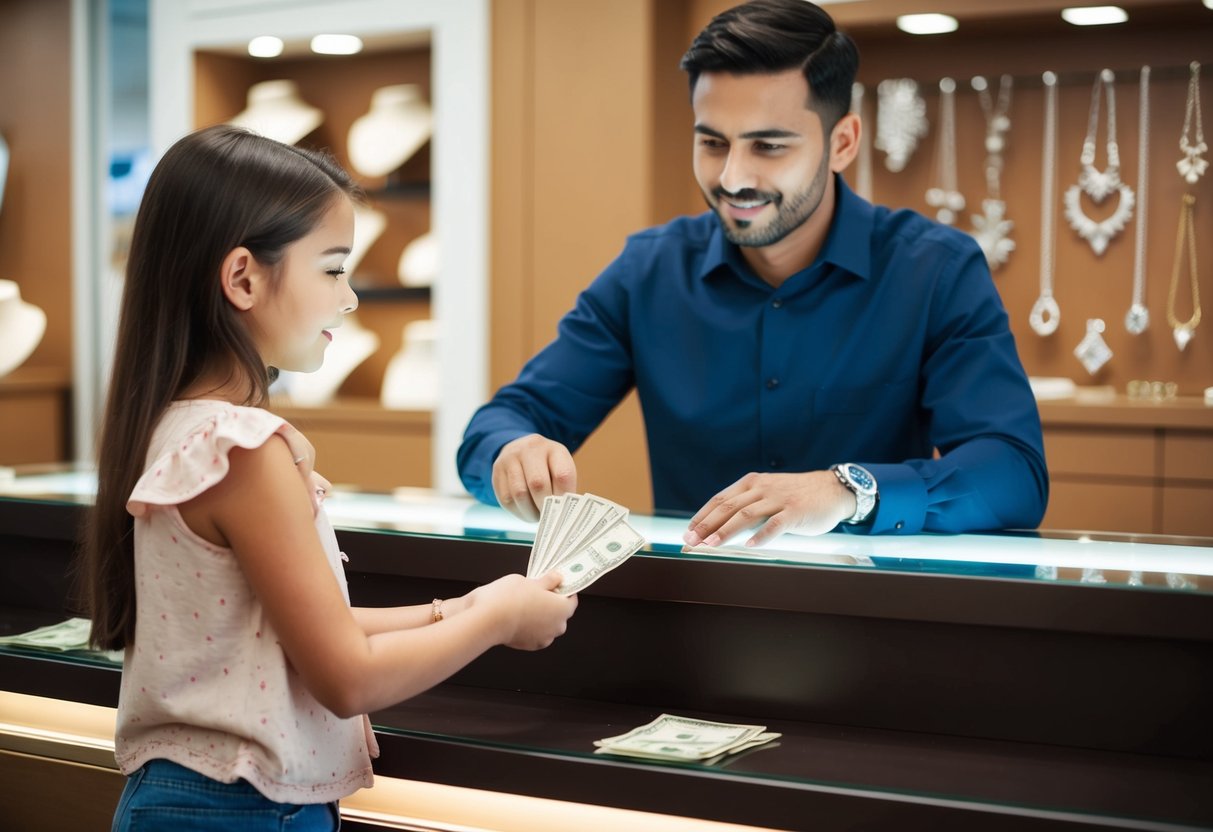 A girl hands over money to a man behind a jewelry store counter