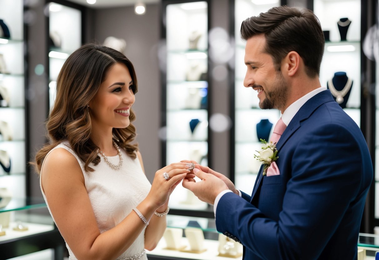 A woman presents a man with a wedding ring in a jewelry store