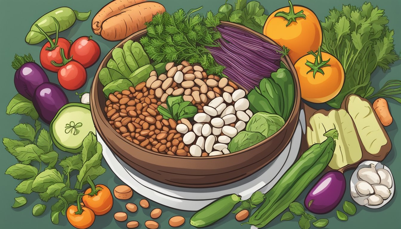 A bowl of cooked beans surrounded by various fresh vegetables and herbs, highlighting the nutritional benefits of properly prepared beans