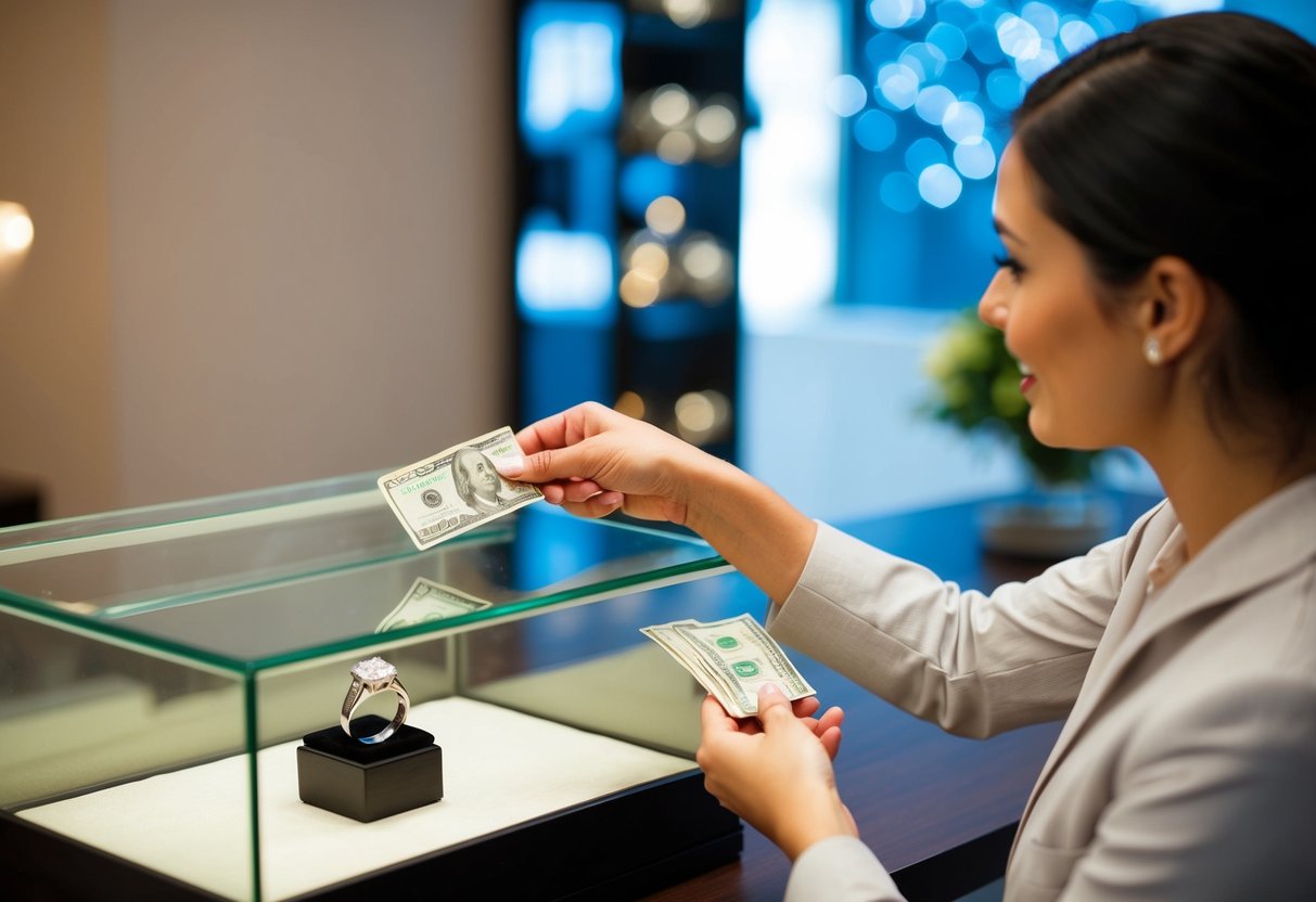 A woman handing money to a jeweler, pointing to a men's wedding ring in a display case