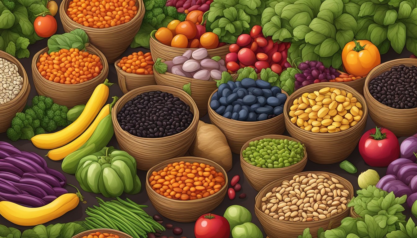 A colorful array of assorted beans arranged in a bountiful harvest display, surrounded by vibrant vegetables and fruits, evoking a sense of health and nutrition