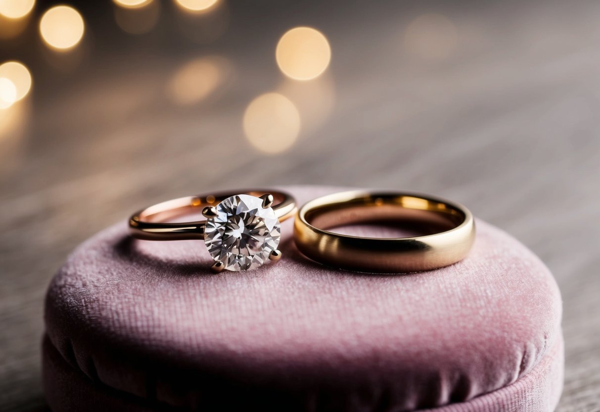 A diamond engagement ring and a simple gold wedding band placed side by side on a velvet cushion