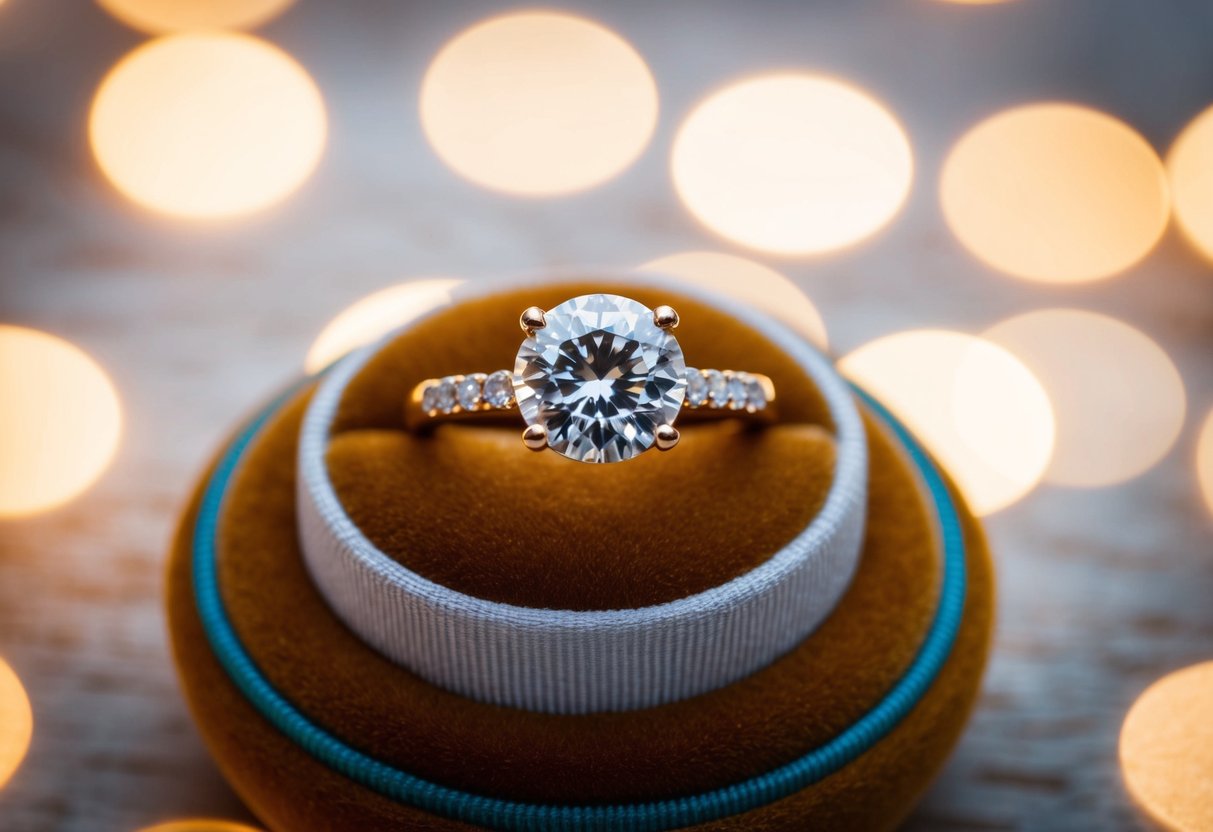 A glistening 20k engagement ring rests on a velvet cushion under soft, warm lighting