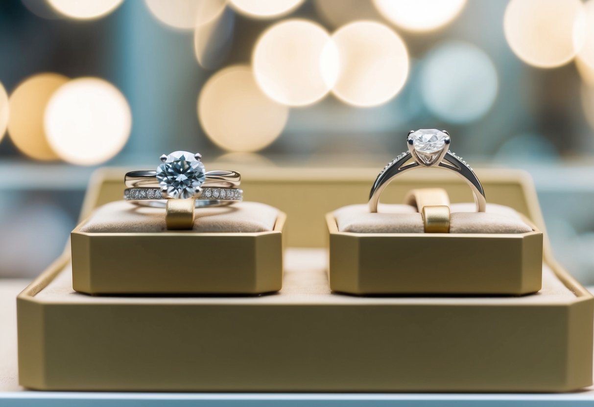 A jeweler's display featuring two elegant rings, one adorned with a sparkling diamond for an engagement, and the other a simple band for a wedding