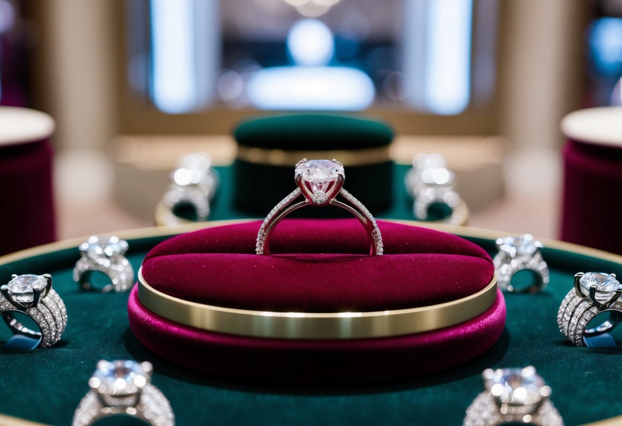 A luxurious engagement ring displayed on a velvet cushion in a high-end jewelry store, surrounded by sparkling diamonds and elegant settings