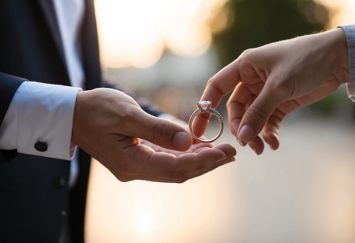 A hand extends a ring towards another, offering it in a gesture of love and commitment