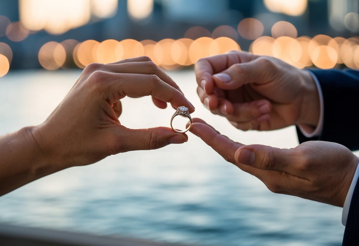 A hand holding out a ring, another hand reaching to accept it