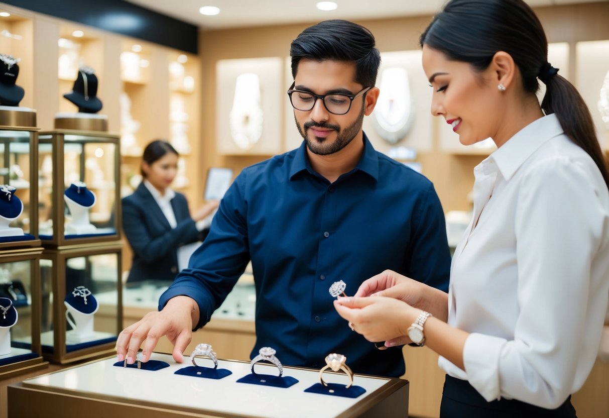 A man browsing through various engagement rings displayed in a jewelry store, with the shop assistant showing him different options