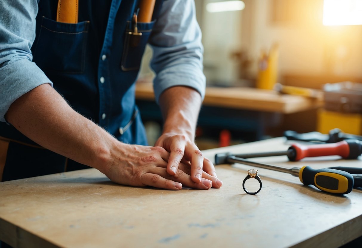 A man's hand placing a wedding ring on a table next to a workbench with tools