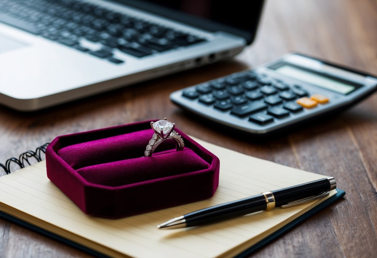A wedding ring placed on a velvet-lined jewelry tray next to a laptop and a calculator, with a pen and paper for notes