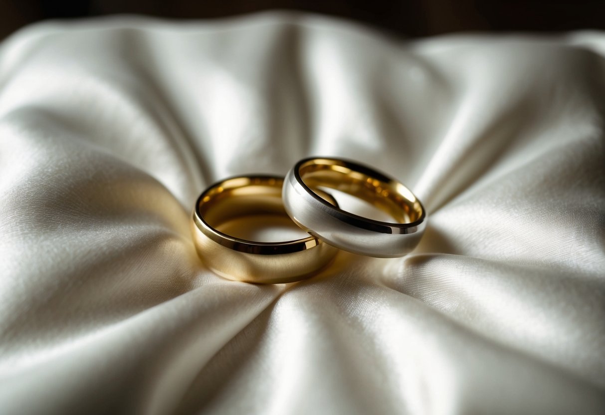Two wedding rings resting side by side on a soft, white satin pillow. The rings are simple and elegant, catching the light as they lay on the fabric