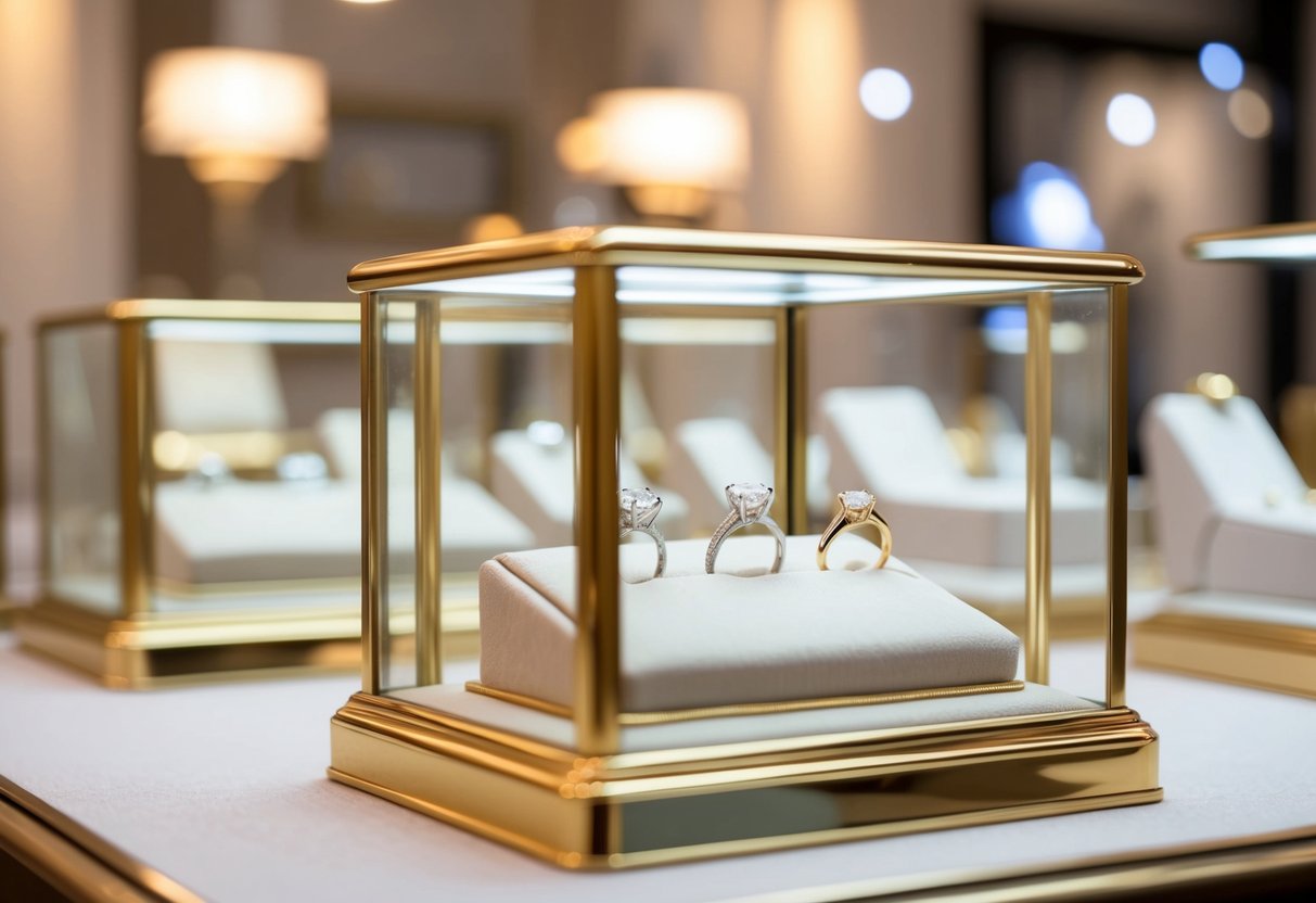 A jeweler's display case with various engagement rings, surrounded by soft lighting and elegant decor