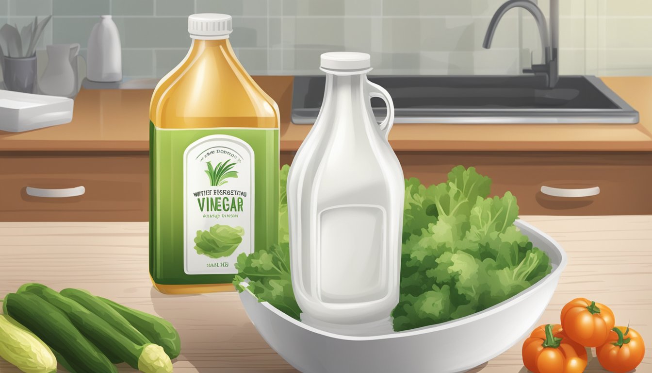 A bottle of white vinegar with an expiration date visible on the label, next to a bowl of fresh vegetables being washed