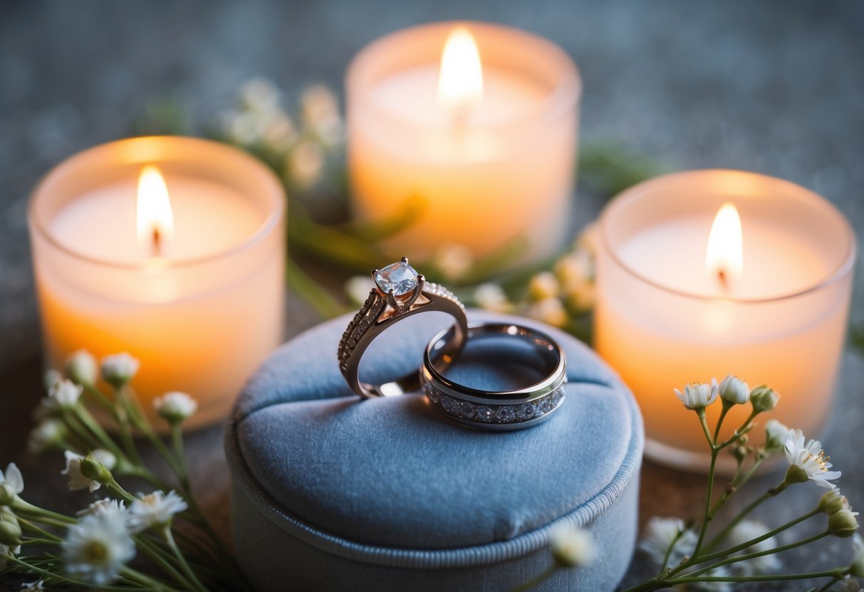 Two wedding rings placed on a velvet cushion, surrounded by delicate flowers and soft candlelight