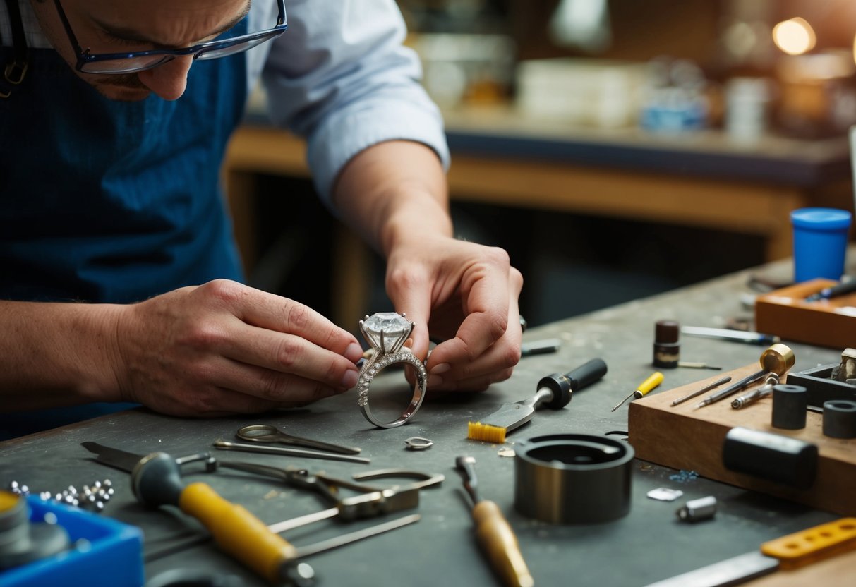 A jeweler carefully crafting an intricate engagement ring design with various tools and materials spread out on a workbench