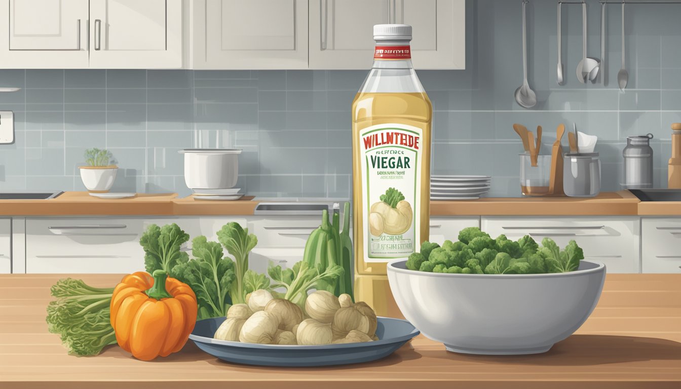 A bottle of expired white vinegar with a faded label sits on a kitchen counter next to a bowl of wilted vegetables