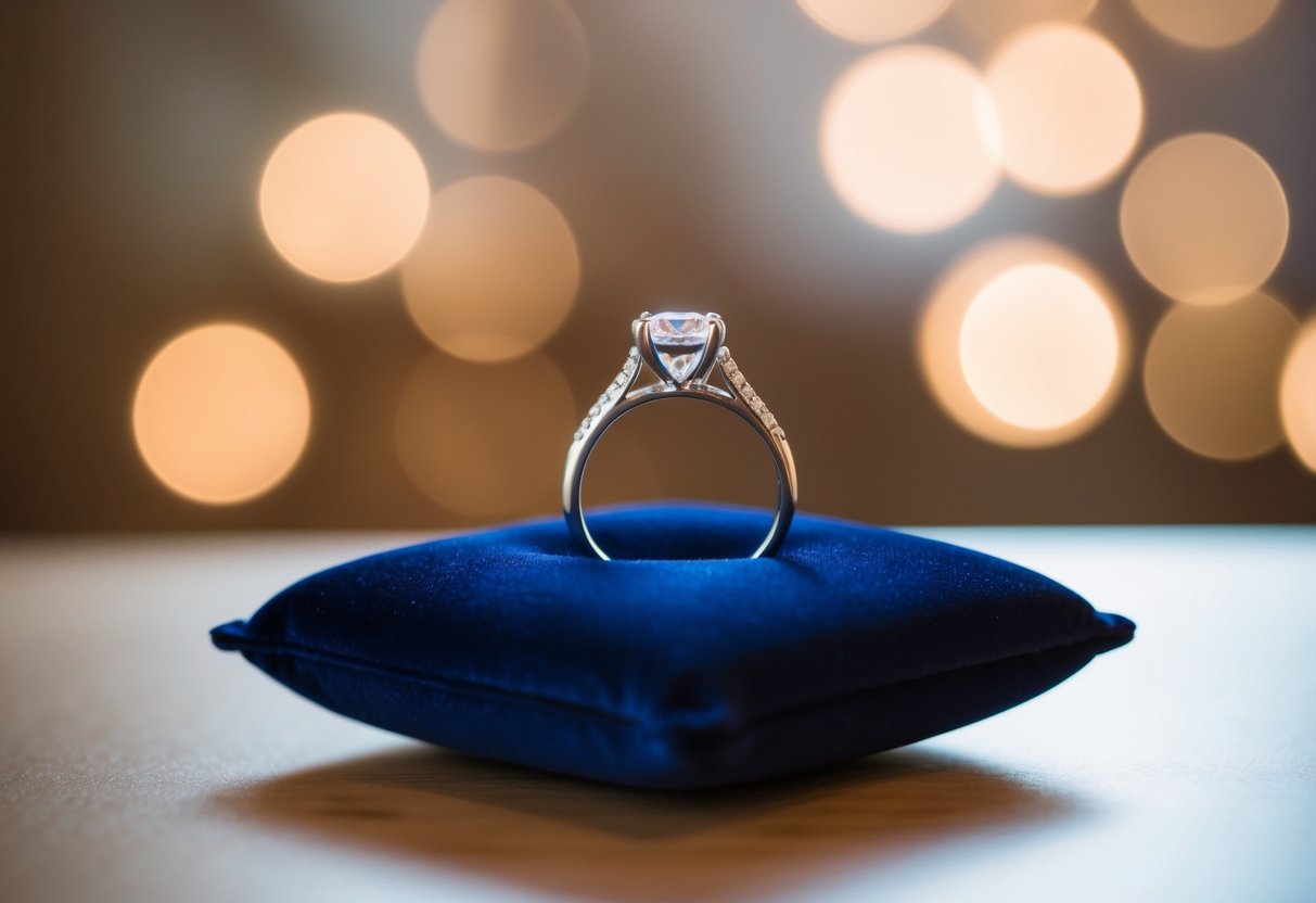A wedding ring resting on a velvet cushion, bathed in soft light