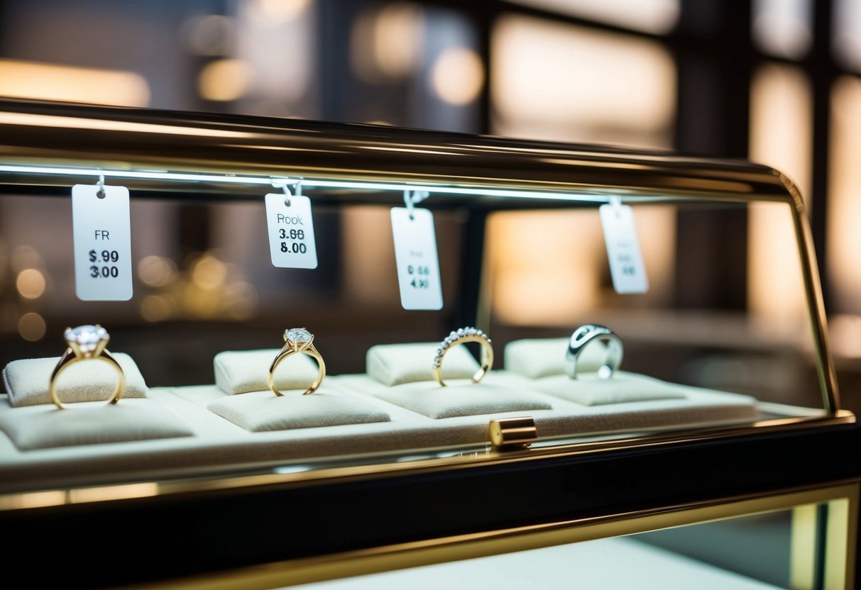 A jeweler's display case with engagement rings on one side and wedding bands on the other, with price tags clearly visible