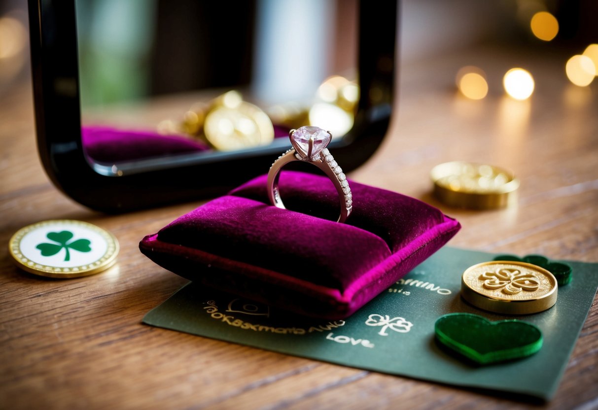 A wedding ring sits on a velvet cushion, surrounded by symbols of luck and love. A mirror reflects the ring, adding an air of mystery