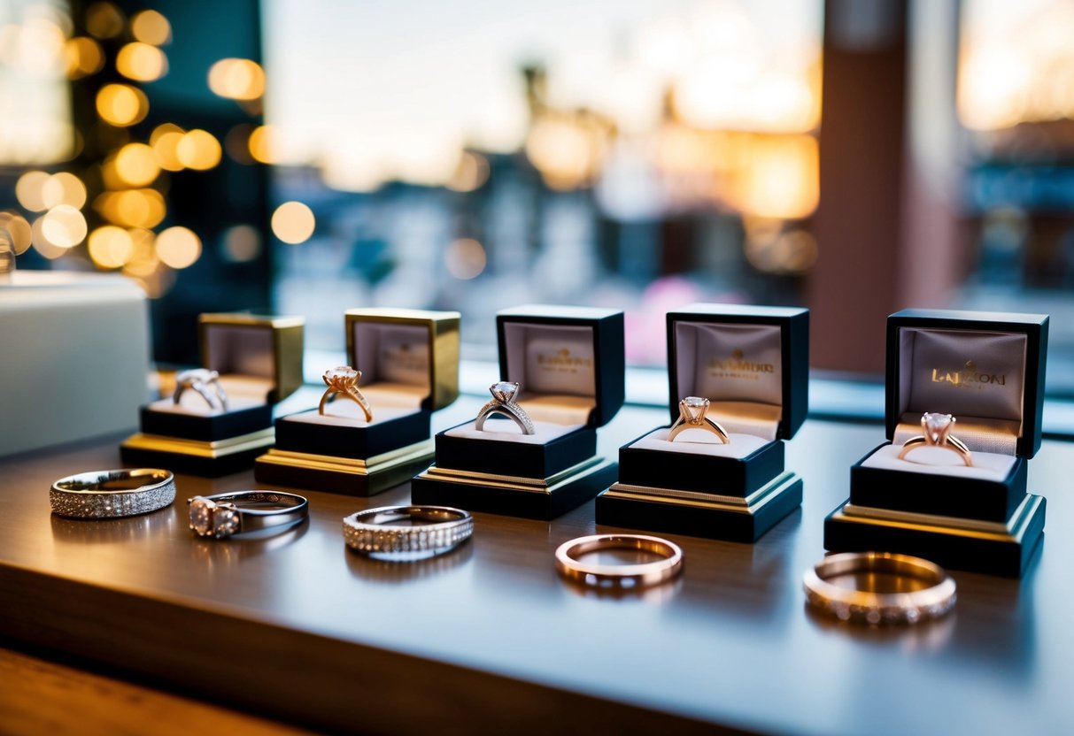 A display of various wedding rings in different metals and styles