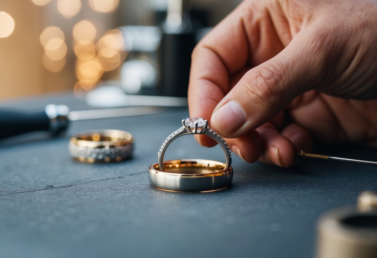 A jeweler carefully crafts a wedding band with simple design and minimal customization, contrasting with the intricate and personalized details of an engagement ring
